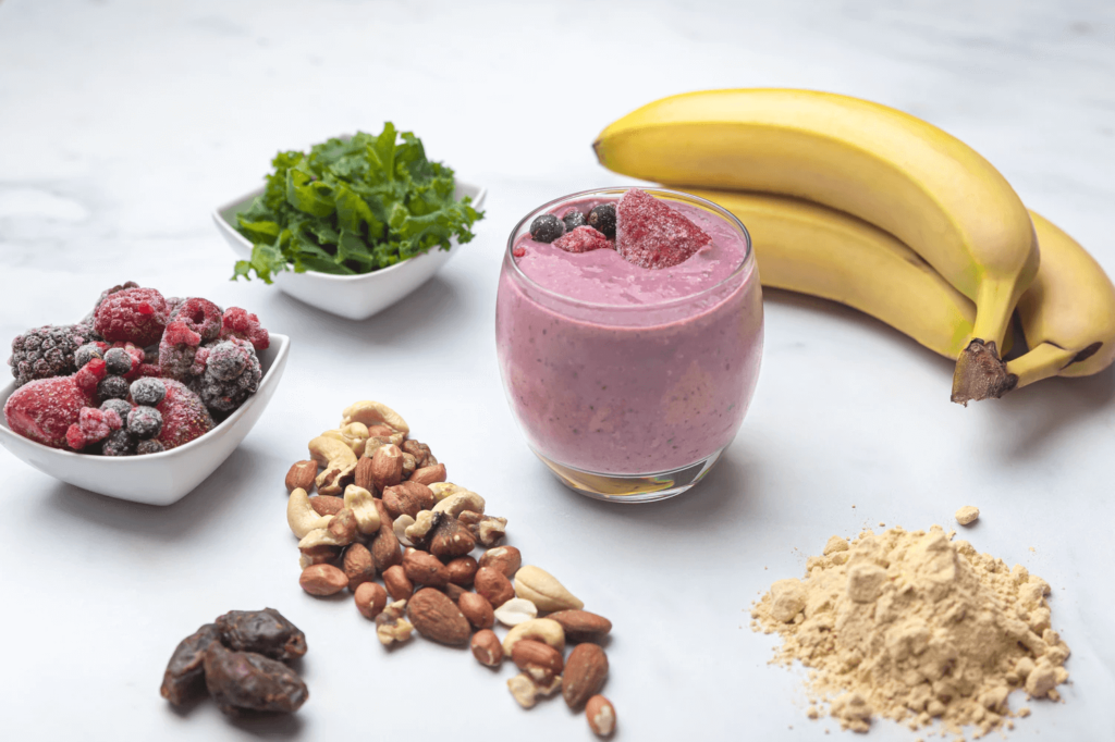 Smoothie made of nuts, dates, bananas, berries 